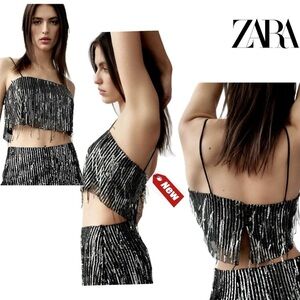 Zara black silver sequin tassel fringe crop top spaghetti strap bloggers fave M